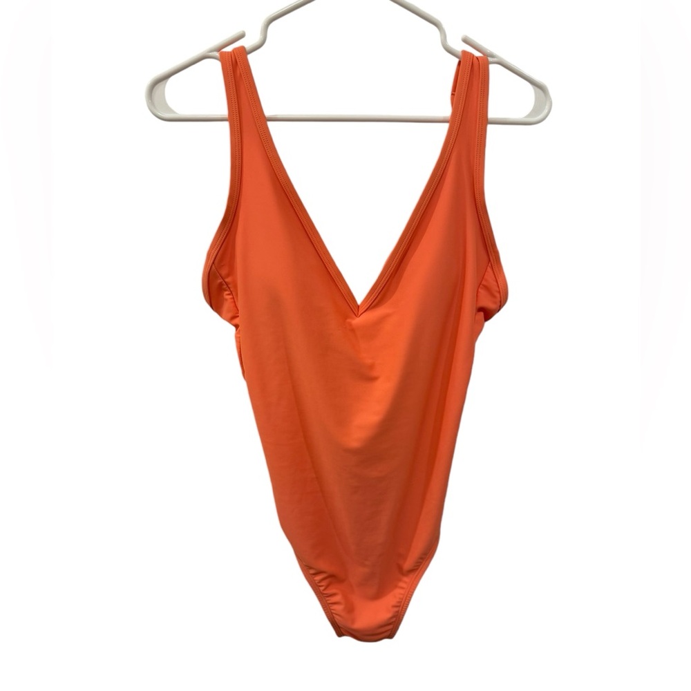Women’s Kona Sol Bright Orange One Piece V-Neck High Cheeky Cut Swimsuit. Size M